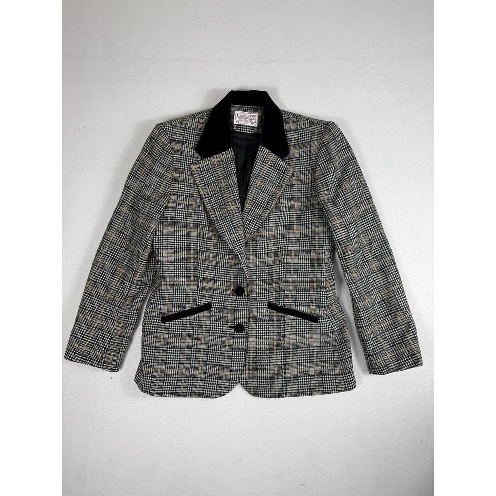 Vintage Pendleton Petite Wool Blazer Jacket Plaid Houndstooth Velvet Collar USA